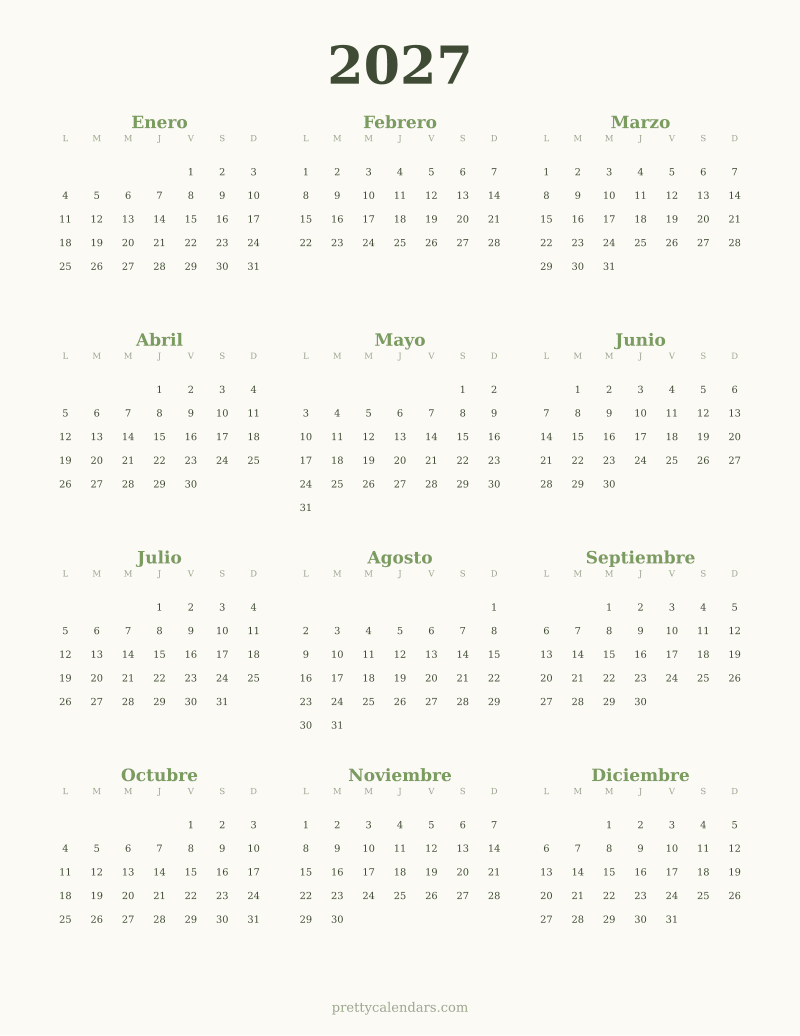 Calendario anual 2027 para imprimir, estilo Floral