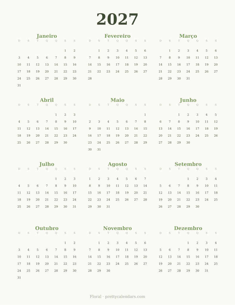 Calendário anual de 2027 para imprimir, estilo Floral