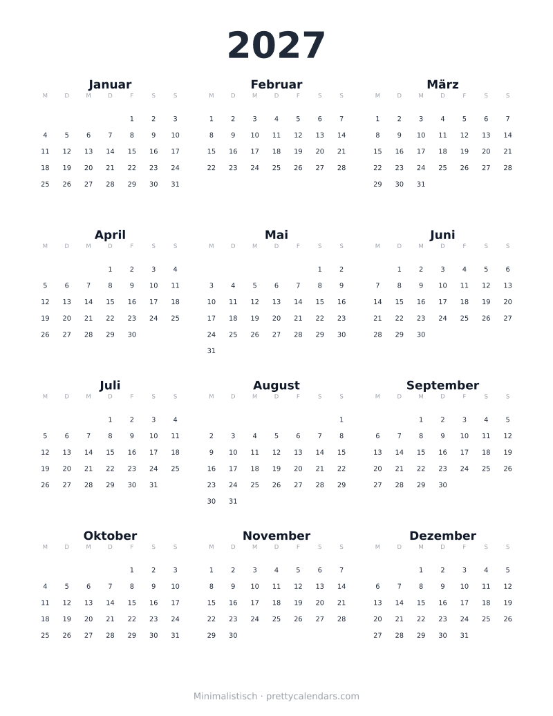 Druckbarer Jahreskalender 2027, Design Minimalistisch