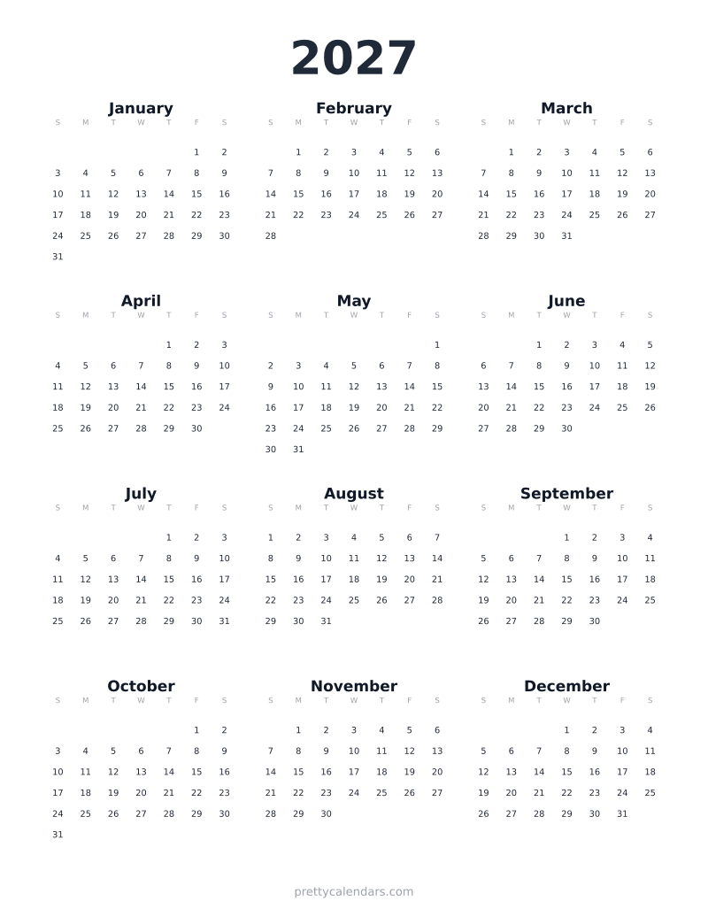 2027 full year printable calendar, Minimalist style