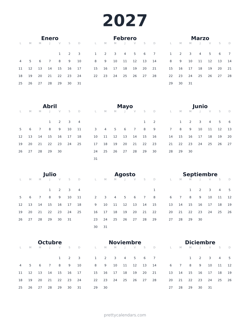 Calendario anual 2027 para imprimir, estilo Minimalista