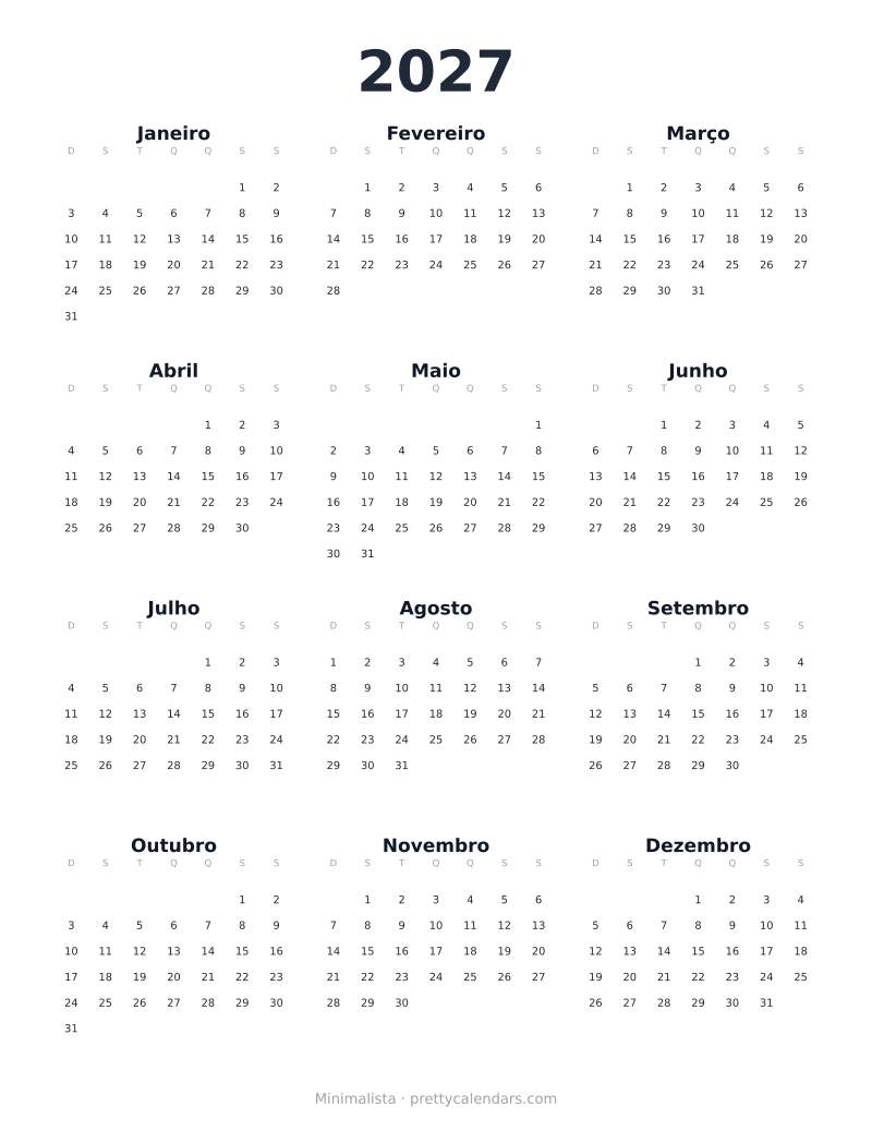 Calendário anual de 2027 para imprimir, estilo Minimalista