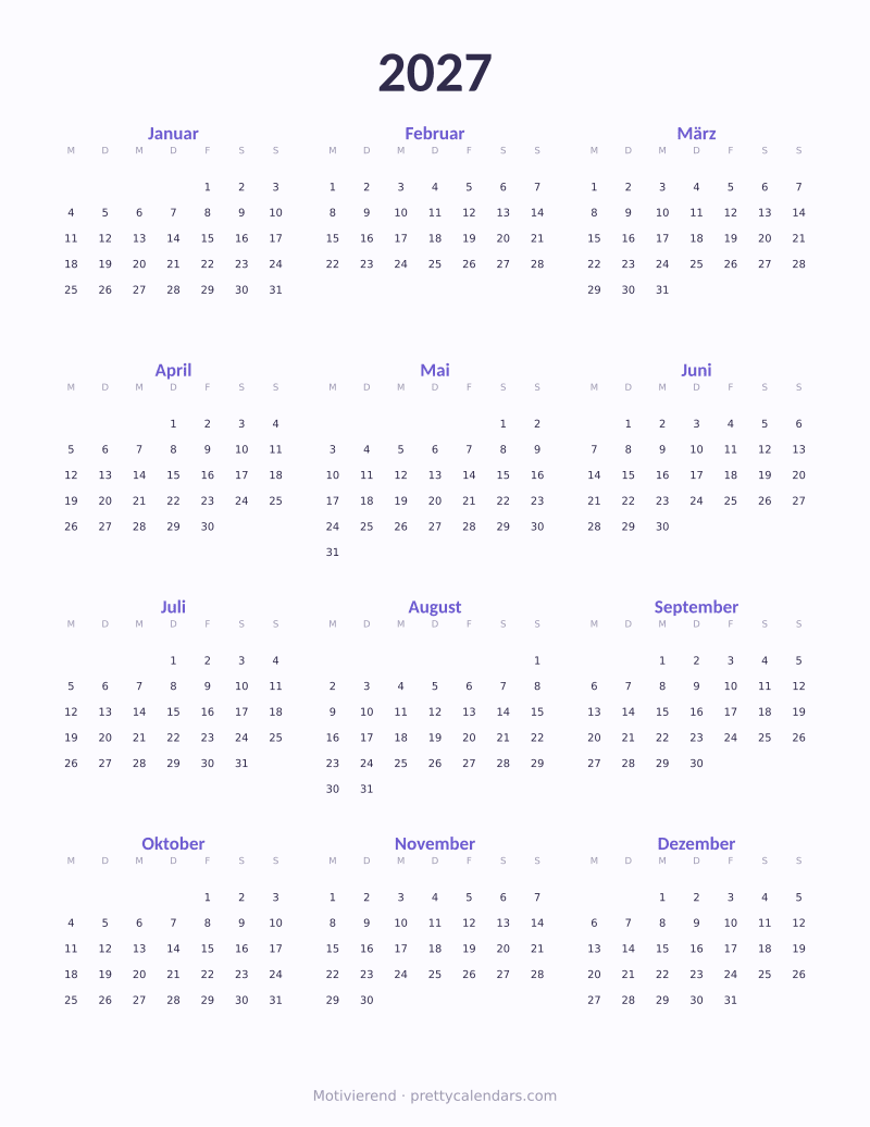 Druckbarer Jahreskalender 2027, Design Motivierend