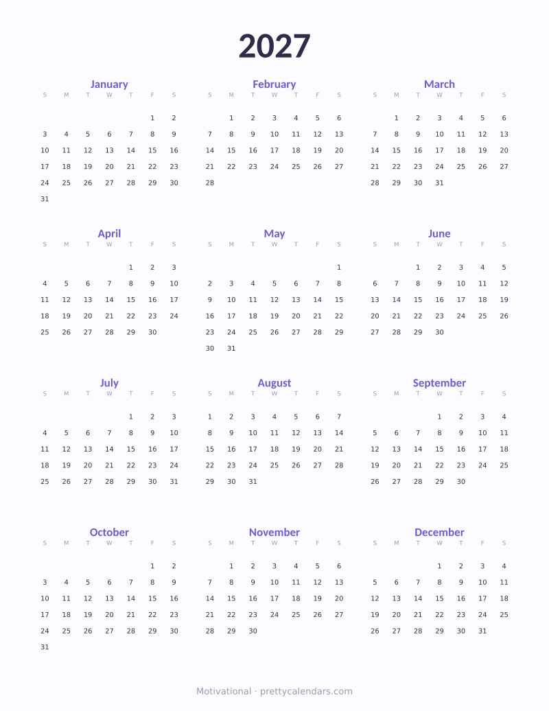 2027 full year printable calendar, Motivational style
