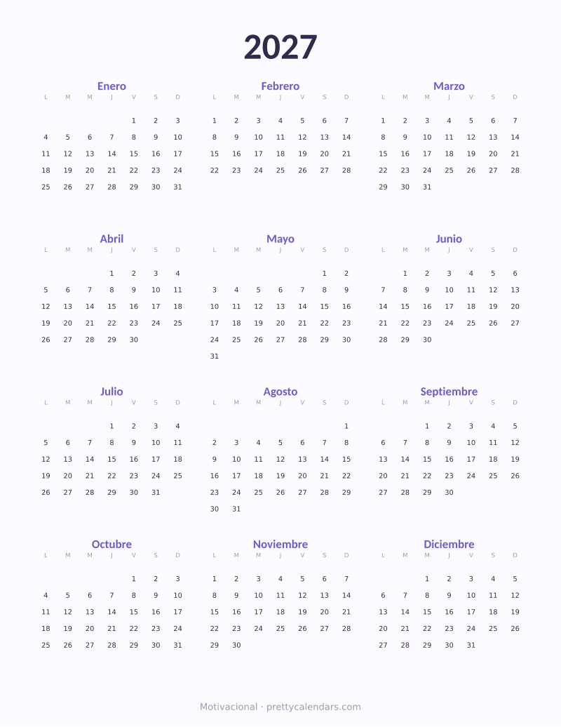 Calendario anual 2027 para imprimir, estilo Motivacional
