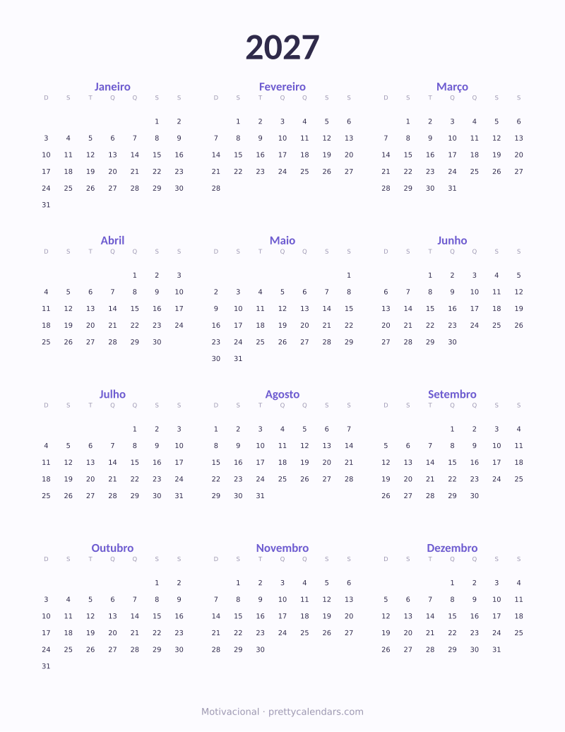 Calendário anual de 2027 para imprimir, estilo Motivacional