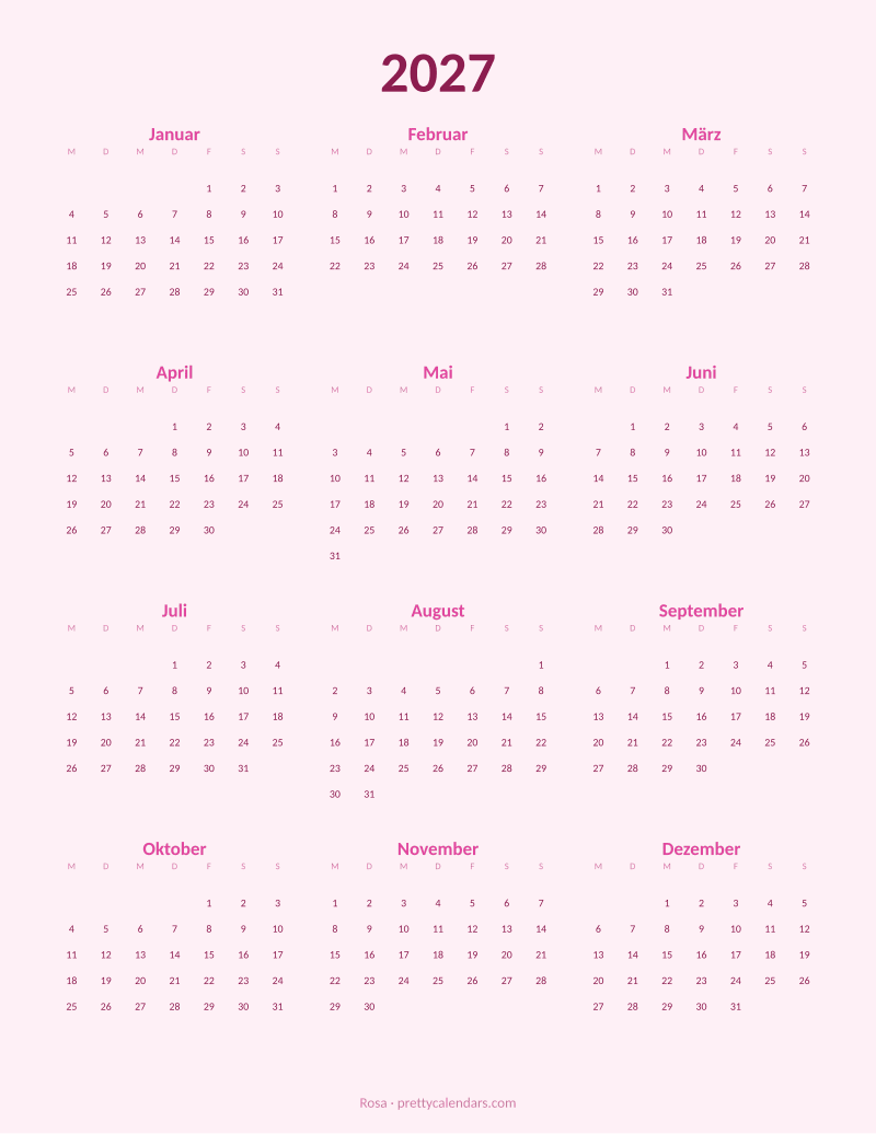 Druckbarer Jahreskalender 2027, Design Rosa
