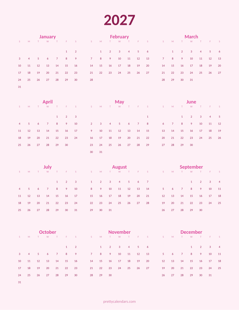 2027 full year printable calendar, Pink style