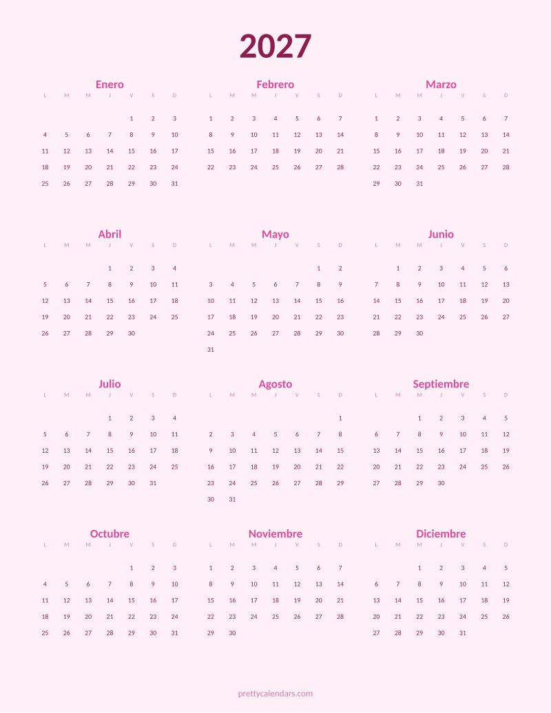 Calendario anual 2027 para imprimir, estilo Rosa