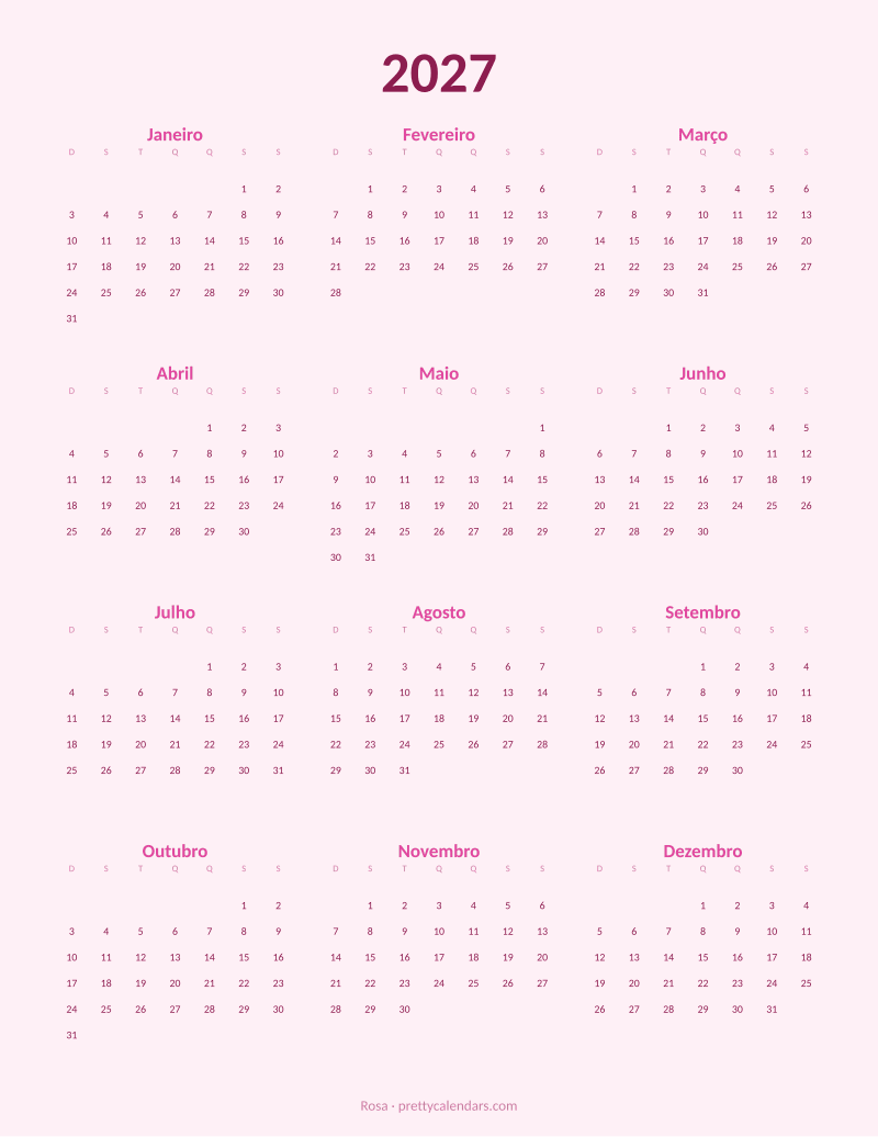 Calendário anual de 2027 para imprimir, estilo Rosa