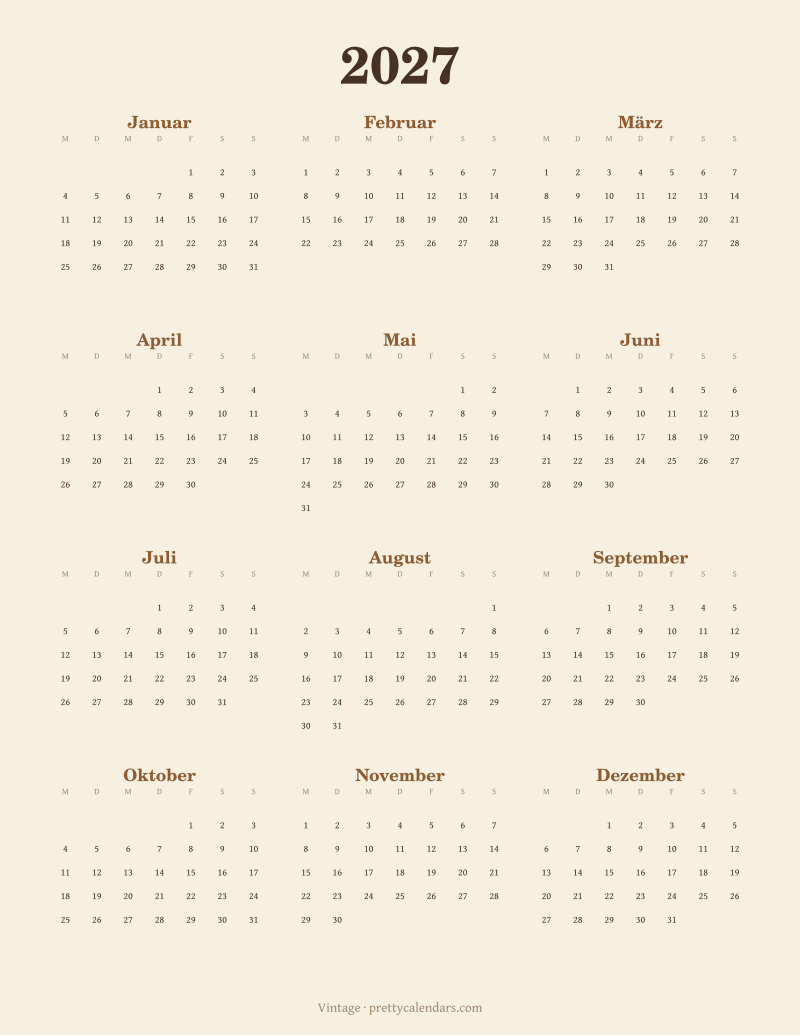 Druckbarer Jahreskalender 2027, Design Vintage