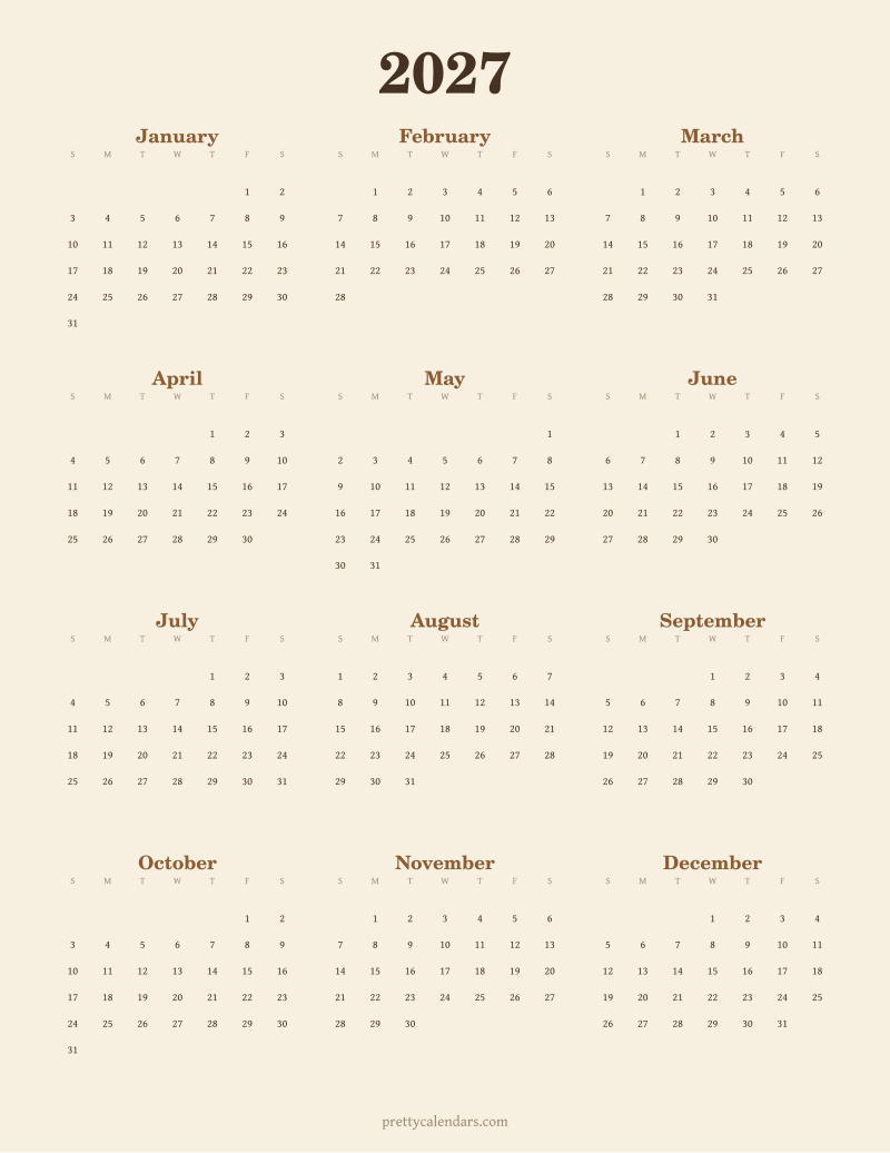 2027 full year printable calendar, Vintage style