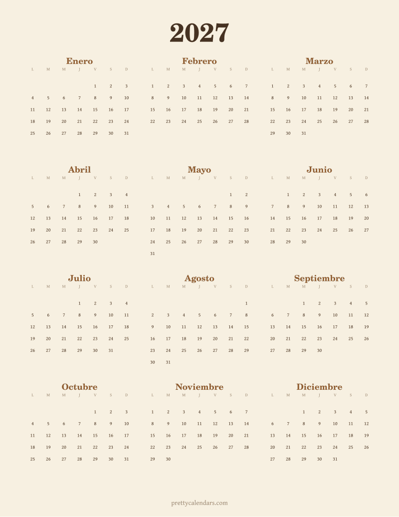 Calendario anual 2027 para imprimir, estilo Vintage