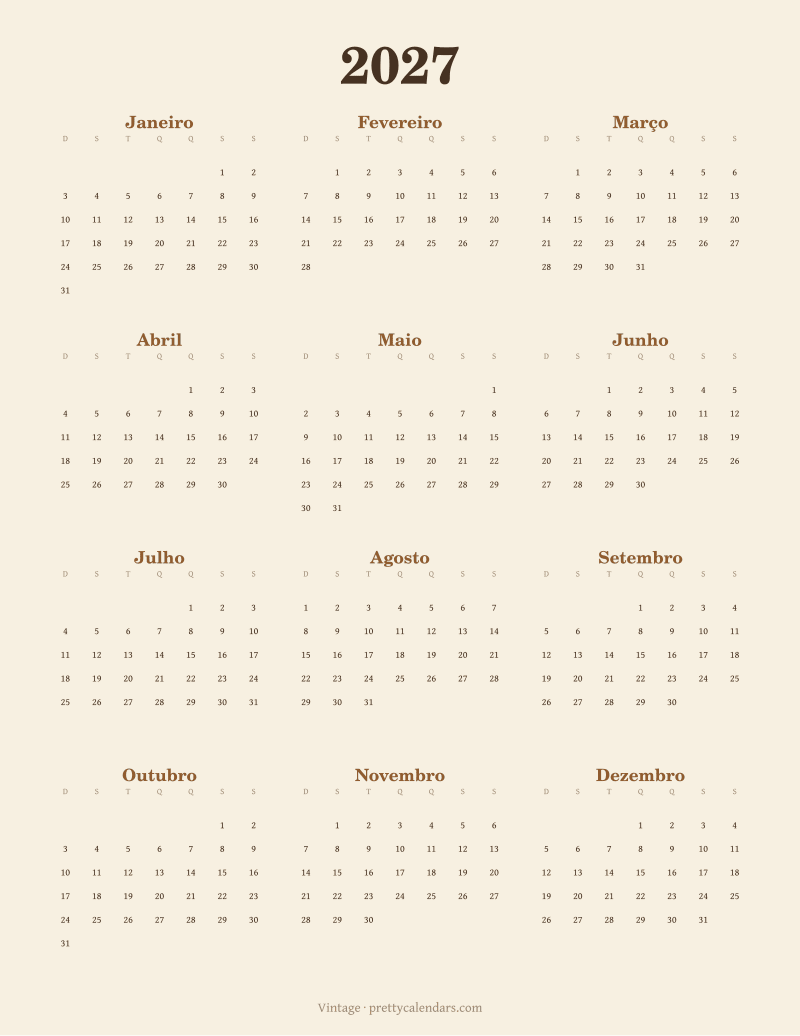 Calendário anual de 2027 para imprimir, estilo Vintage