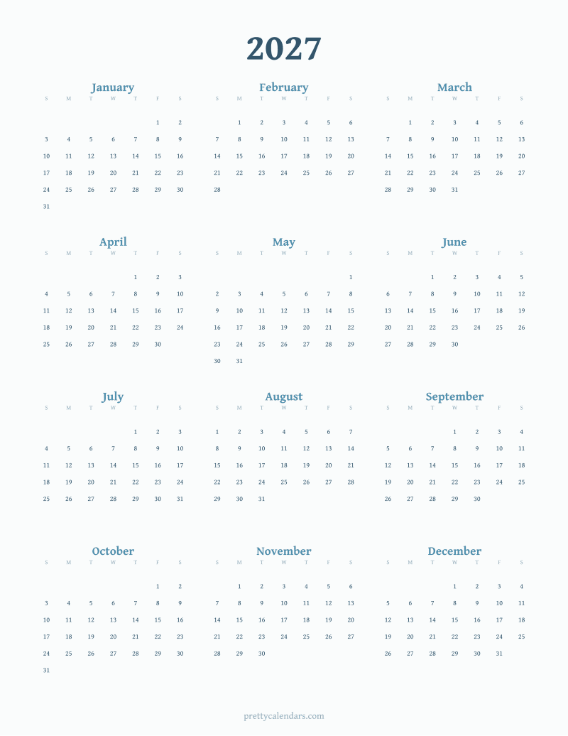2027 full year printable calendar, Watercolor style