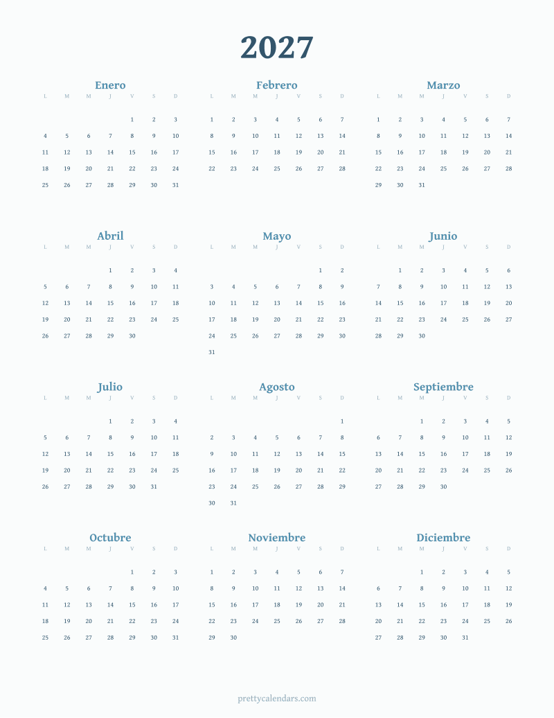 Calendario anual 2027 para imprimir, estilo Acuarela