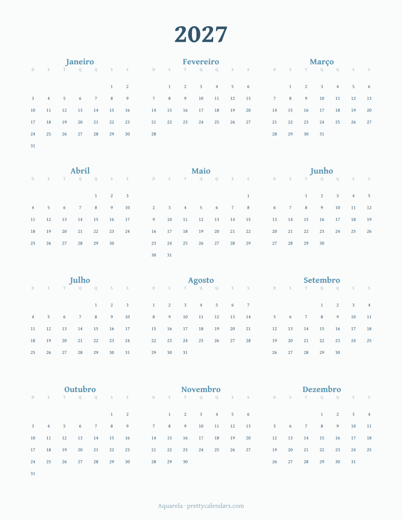 Calendário anual de 2027 para imprimir, estilo Aquarela