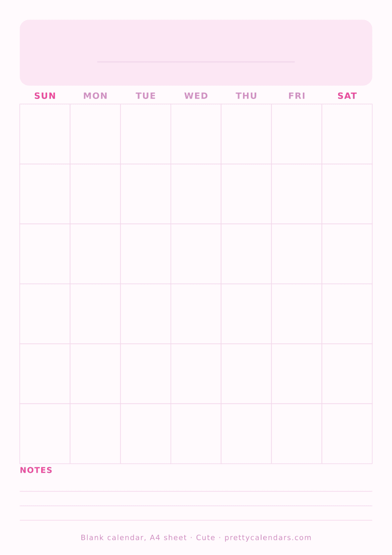 Blank printable calendar sized for A4 paper, undated month grid, Cute style