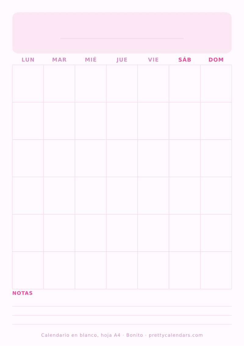 Calendario en blanco para imprimir en papel A4, cuadrícula mensual sin fechas, estilo Bonito