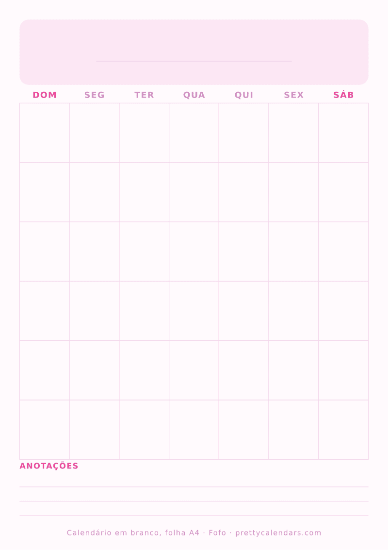 Calendário em branco para imprimir com tamanho A4 real, estilo Fofo
