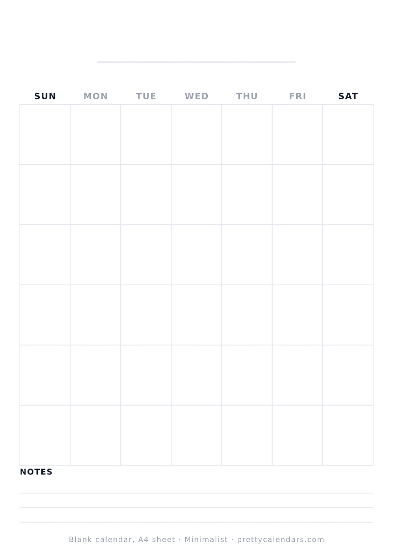 Blank printable calendar sized for A4 paper, undated month grid, Minimalist style