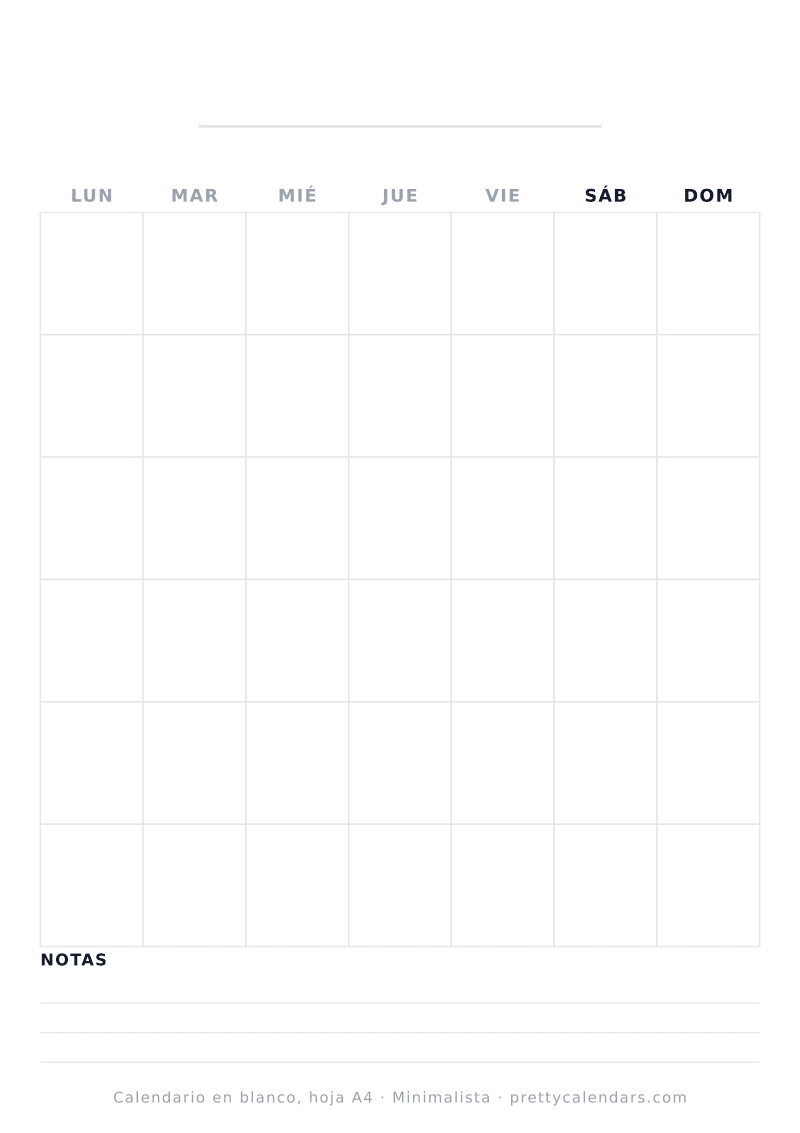 Calendario en blanco para imprimir en papel A4, cuadrícula mensual sin fechas, estilo Minimalista
