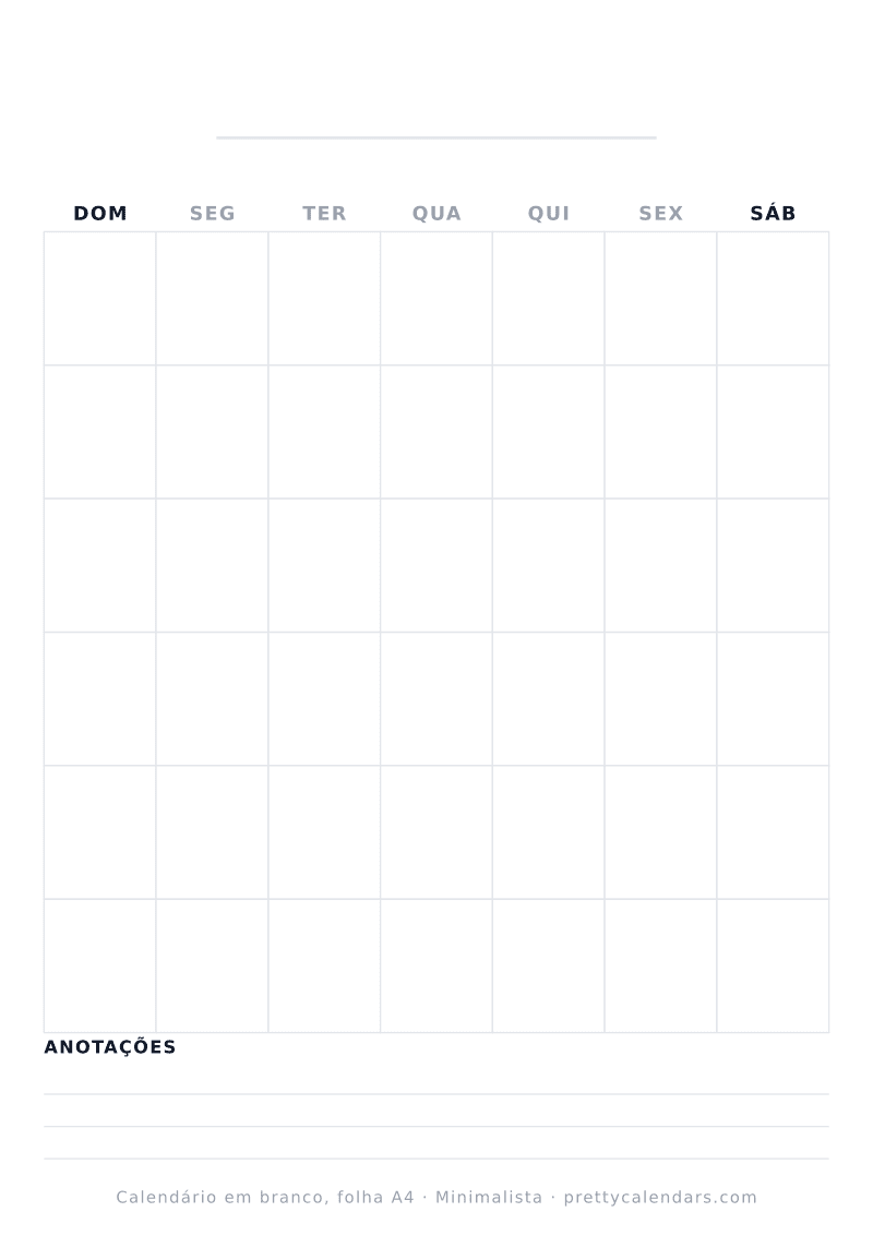 Calendário em branco para imprimir com tamanho A4 real, estilo Minimalista