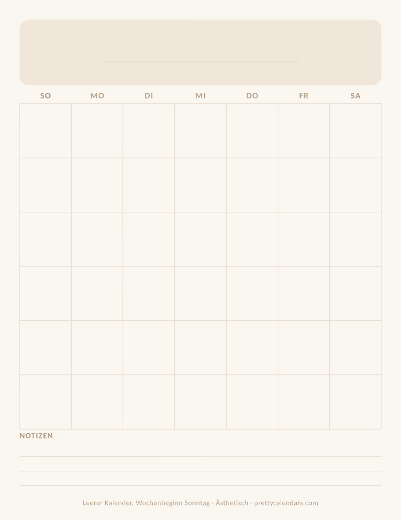 Druckbarer leerer Kalender mit alternativem Wochenbeginn, Design Ästhetisch