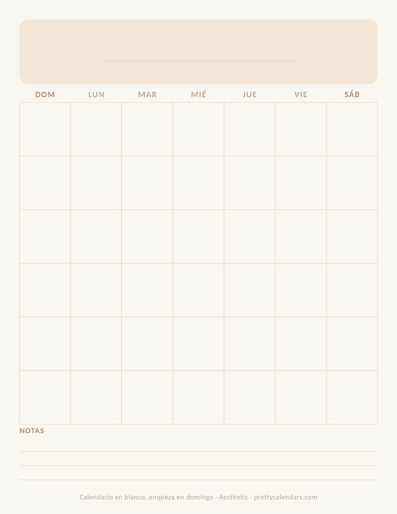 Calendario en blanco para imprimir que empieza en domingo, cuadrícula mensual sin fechas, estilo Aesthetic