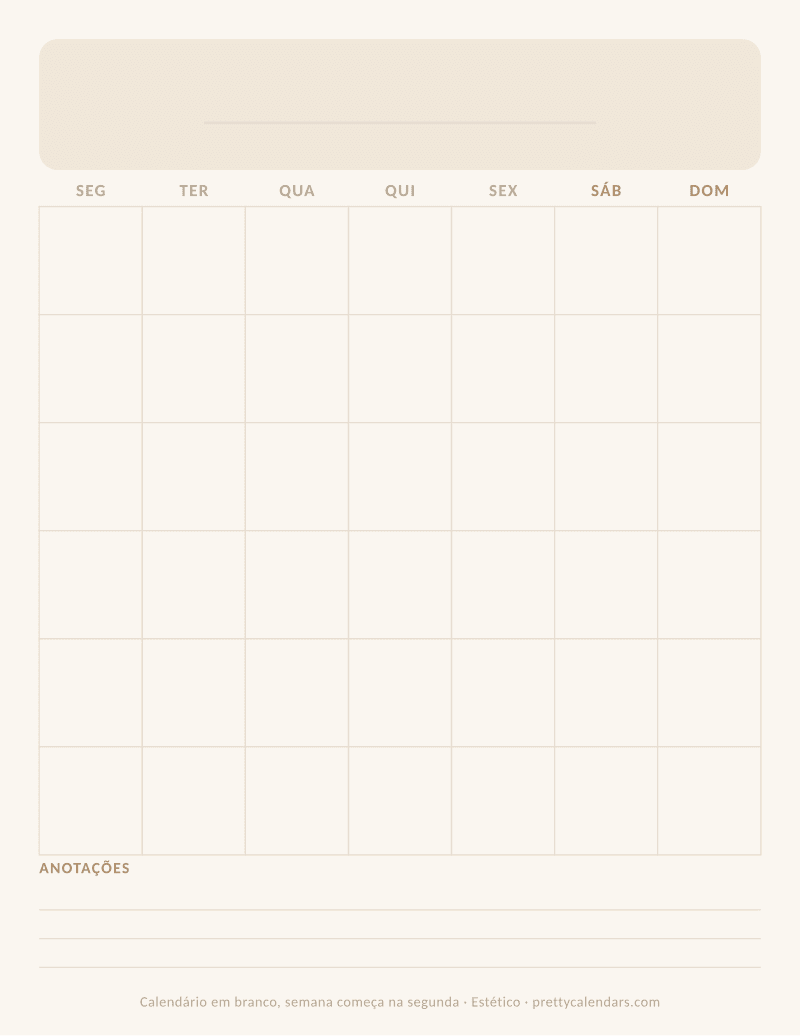 Calendário em branco para imprimir com outro início da semana, estilo Estético
