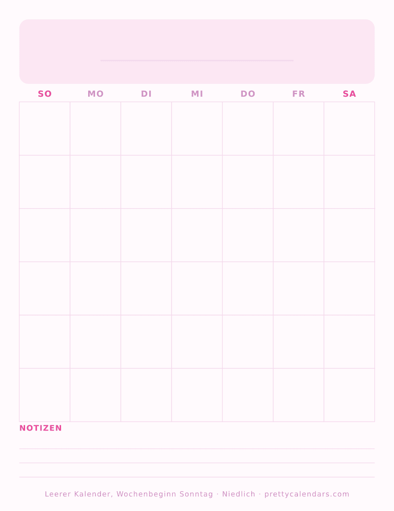 Druckbarer leerer Kalender mit alternativem Wochenbeginn, Design Niedlich