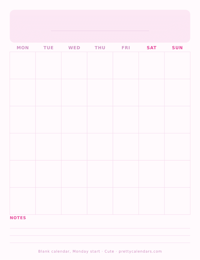 Blank printable calendar starting on Monday, undated month grid, Cute style