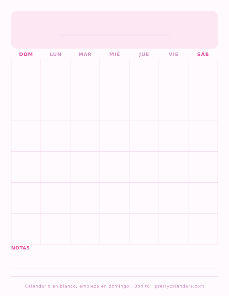 Calendario en blanco para imprimir que empieza en domingo, cuadrícula mensual sin fechas, estilo Bonito