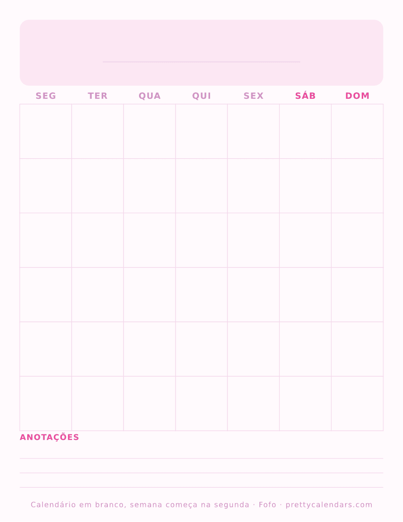 Calendário em branco para imprimir com outro início da semana, estilo Fofo