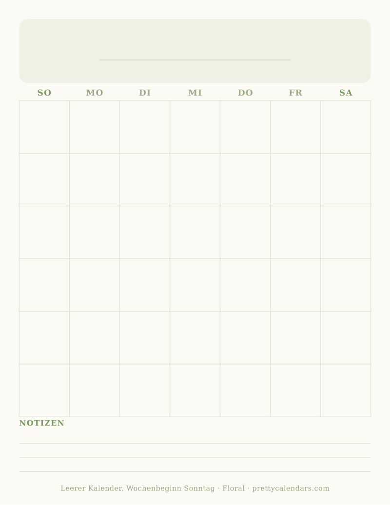 Druckbarer leerer Kalender mit alternativem Wochenbeginn, Design Floral
