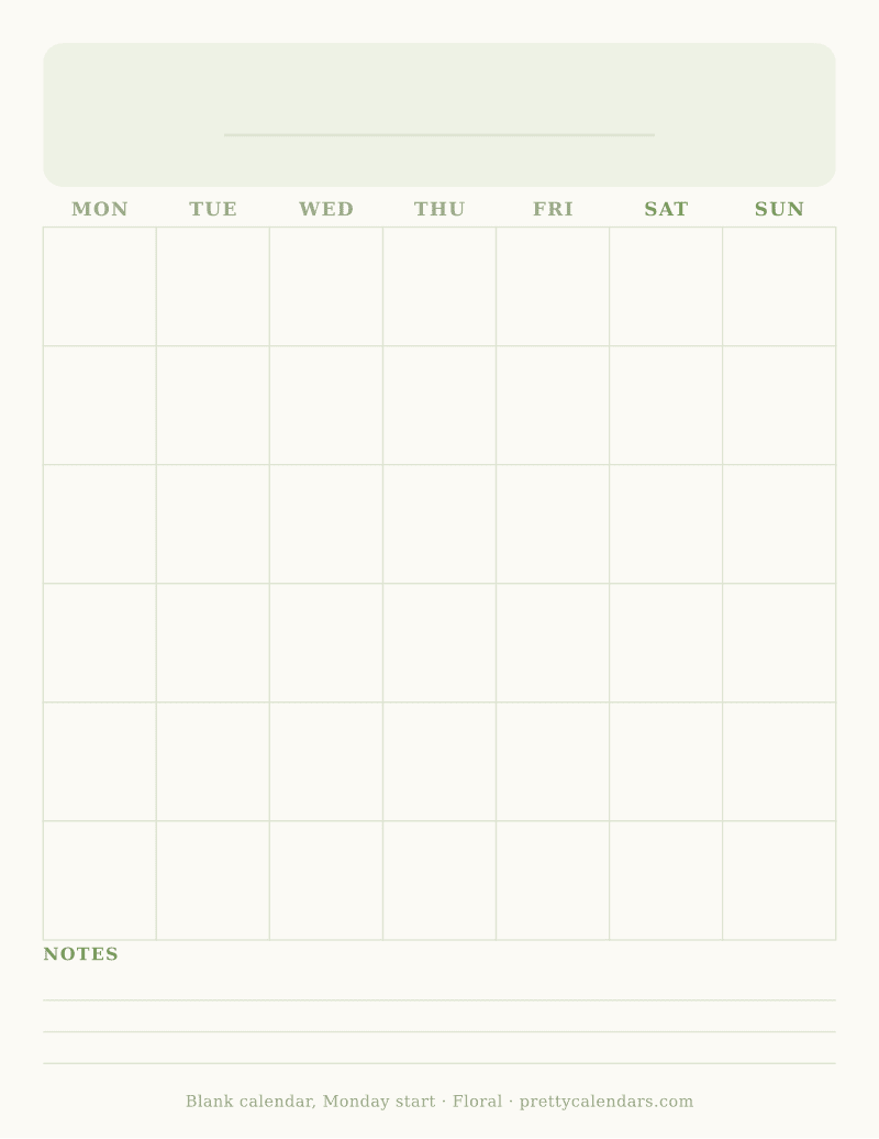 Blank printable calendar starting on Monday, undated month grid, Floral style