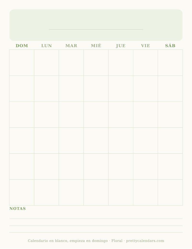 Calendario en blanco para imprimir que empieza en domingo, cuadrícula mensual sin fechas, estilo Floral