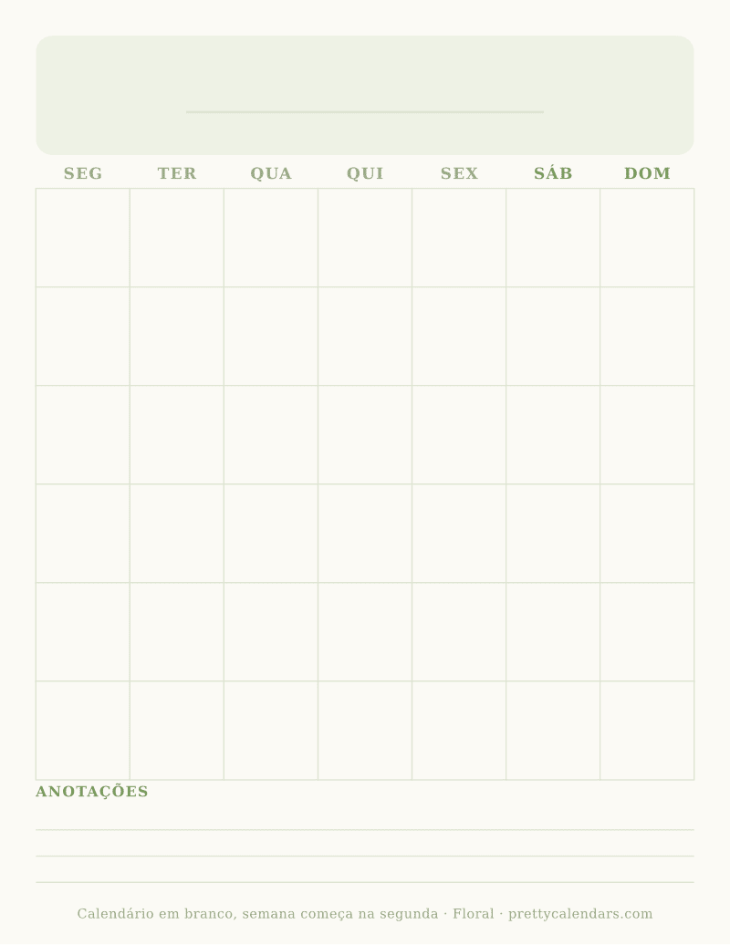 Calendário em branco para imprimir com outro início da semana, estilo Floral