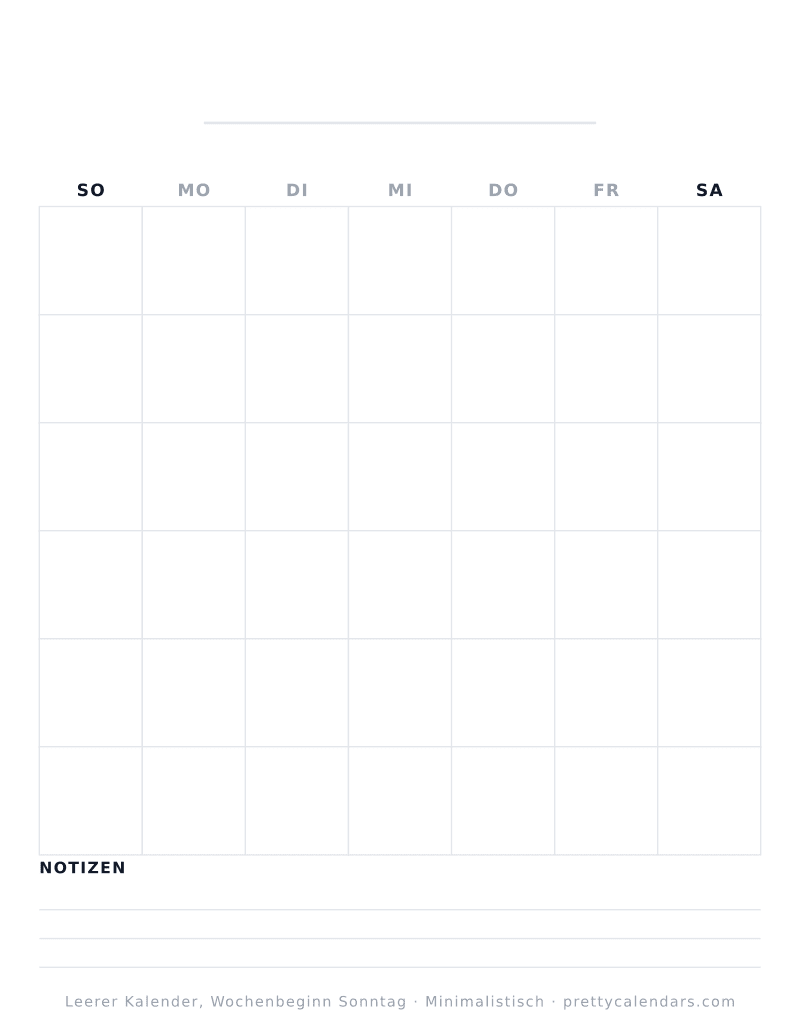 Druckbarer leerer Kalender mit alternativem Wochenbeginn, Design Minimalistisch