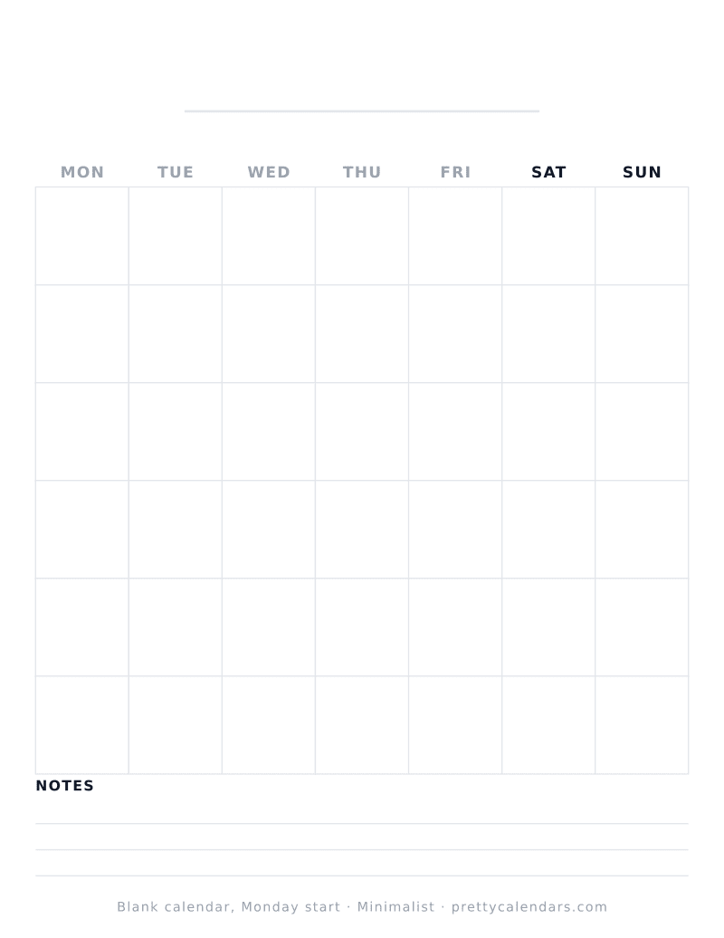 Blank printable calendar starting on Monday, undated month grid, Minimalist style