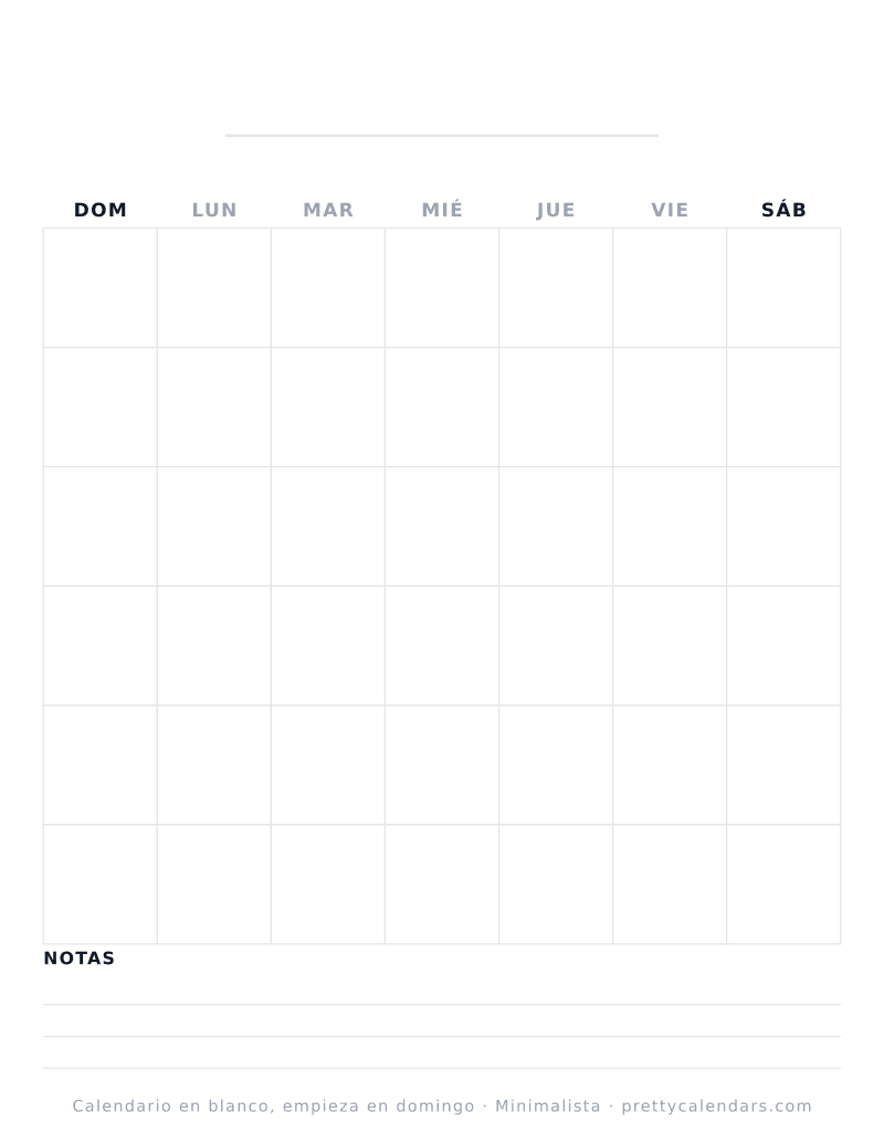Calendario en blanco para imprimir que empieza en domingo, cuadrícula mensual sin fechas, estilo Minimalista