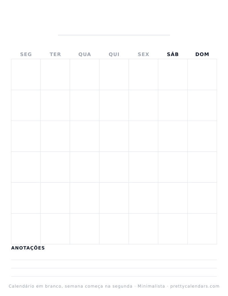 Calendário em branco para imprimir com outro início da semana, estilo Minimalista