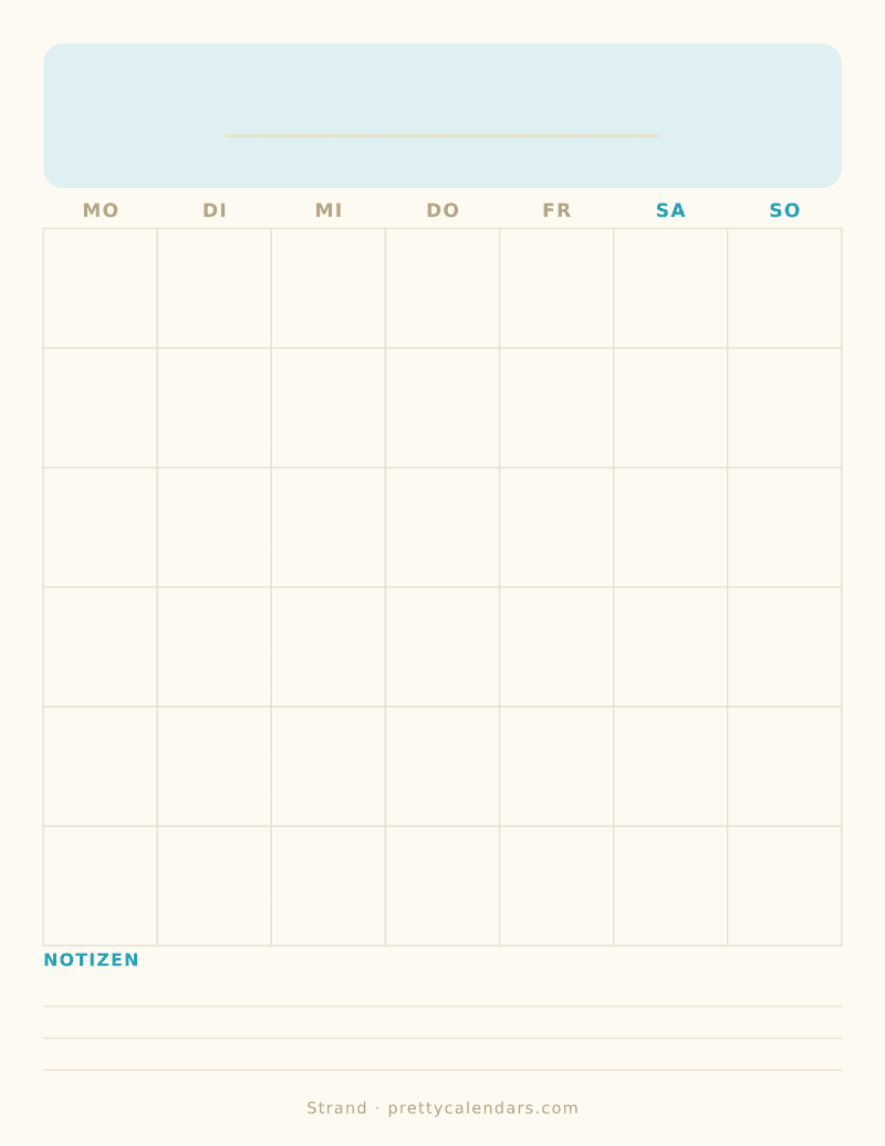 Druckbarer leerer Monatskalender, Design Strand