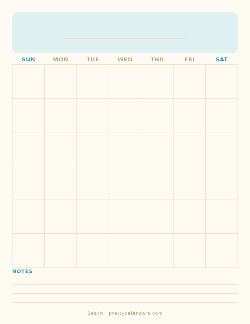 Blank printable calendar, Beach style