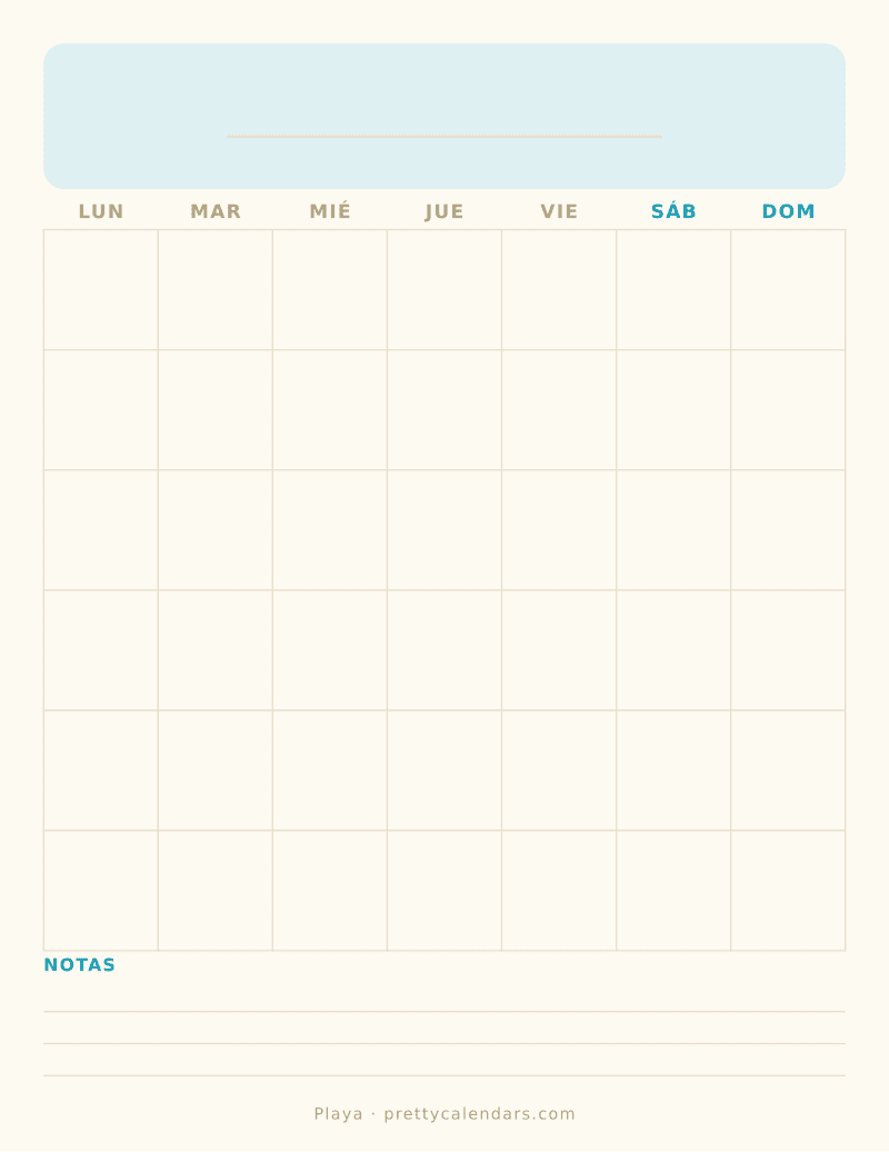 Calendario en blanco para imprimir, estilo Playa