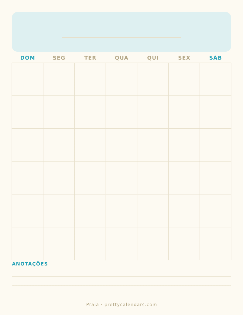 Calendário mensal em branco para imprimir, estilo Praia