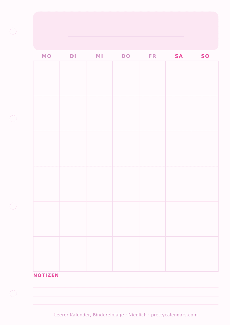 Druckbarer leerer Kalender mit Binderlochrand, Design Niedlich