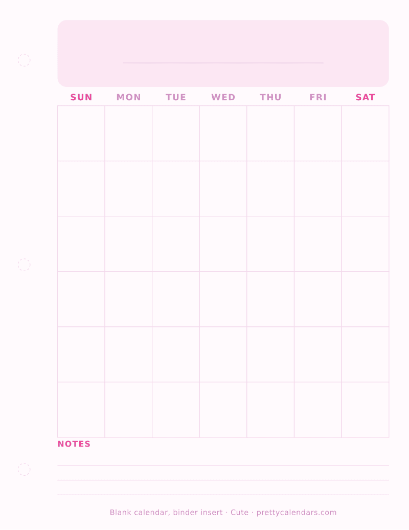 Blank printable calendar as a three ring binder insert with a hole punch margin, Cute style