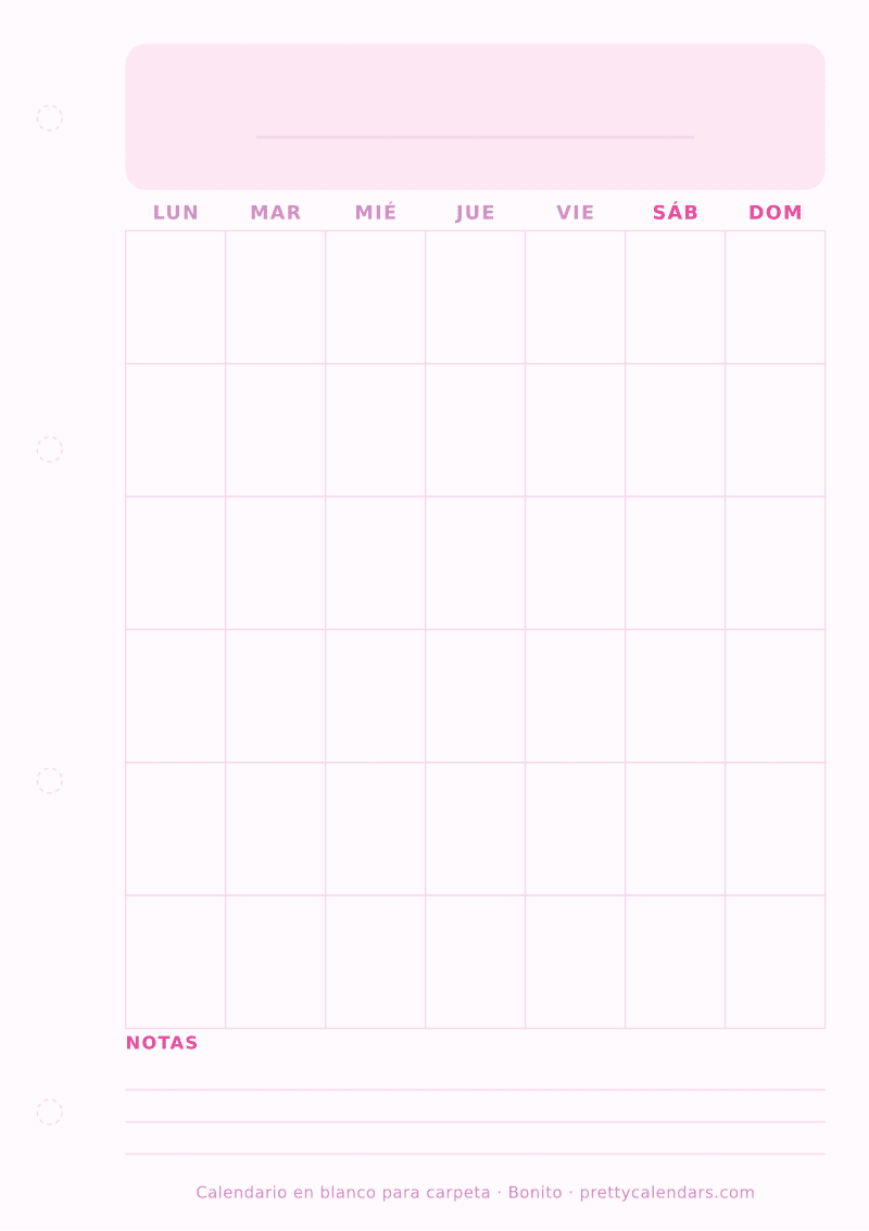 Calendario en blanco para imprimir y archivar en carpeta de cuatro anillas, con margen de perforación, estilo Bonito