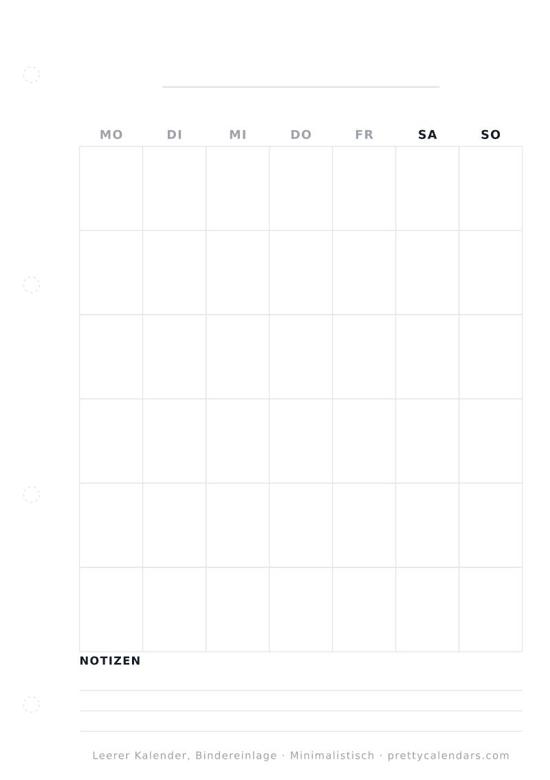Druckbarer leerer Kalender mit Binderlochrand, Design Minimalistisch